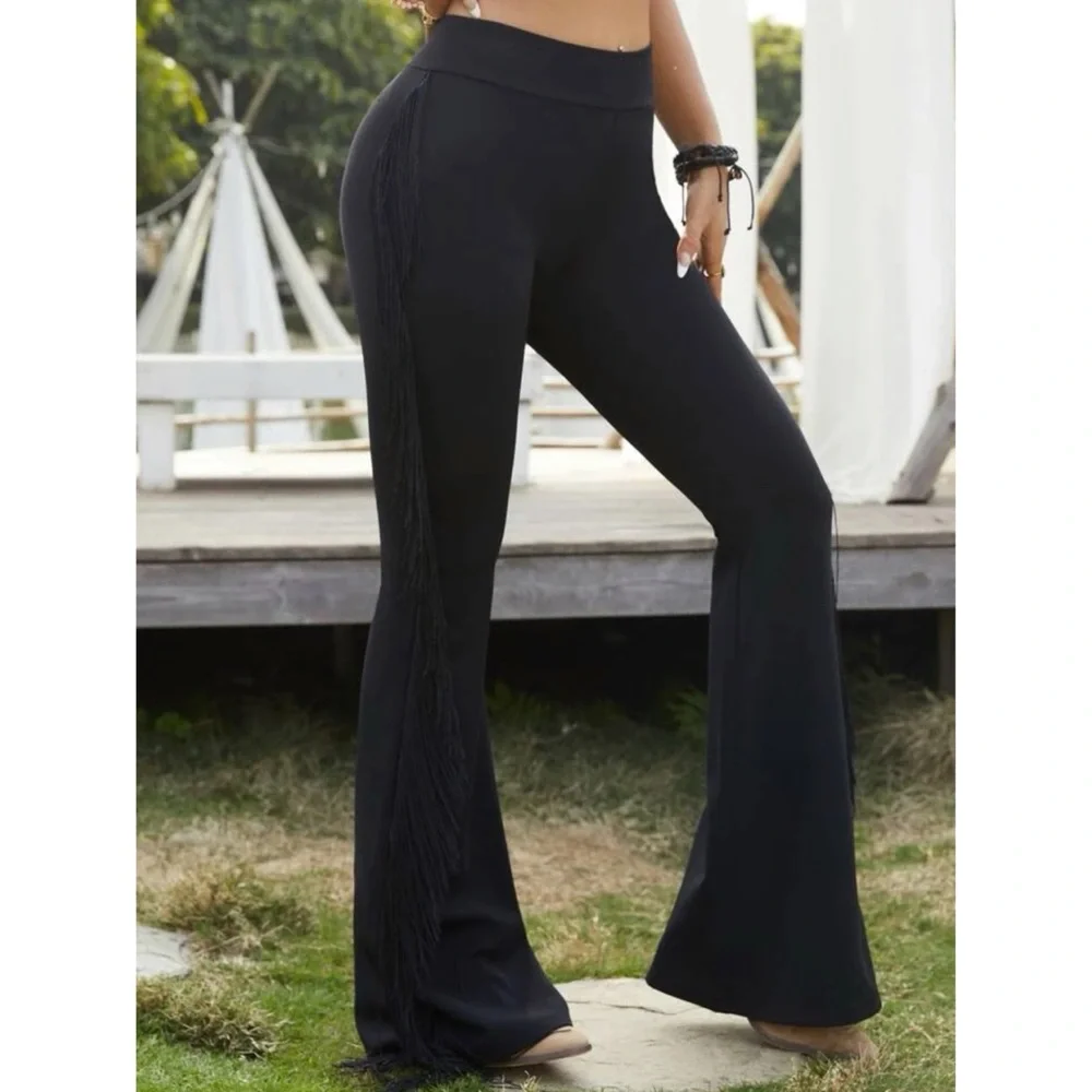 Bohemian Festival Black Fringe Bell Bottom Flare Pants XS S M L XL - Picture 4 of 4